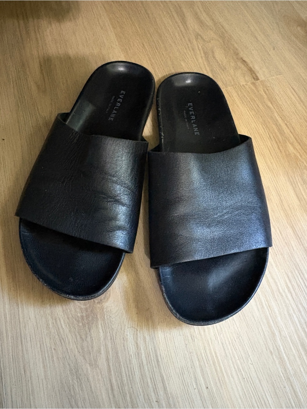 Everlane Black Leather Slide Sandals - Minimal Wide Strap